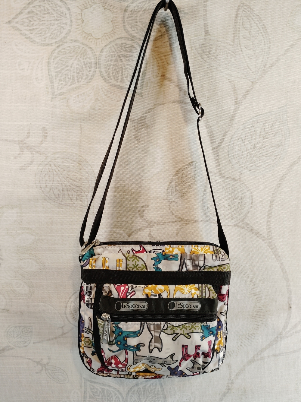 LeSportsac Cats Meow Print Crossbody Bag- On White w/ Black Trim